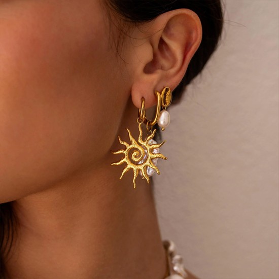 Sun God Totem Pendant Sunrise Earrings Stainless Steel PVD Vacuum Plated 14K Gold Vintage Earrings