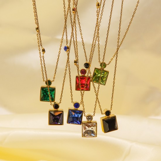 Seven colored square crystal diamond steel necklace