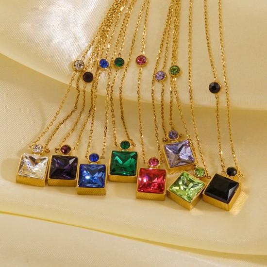 Seven colored square crystal diamond steel necklace