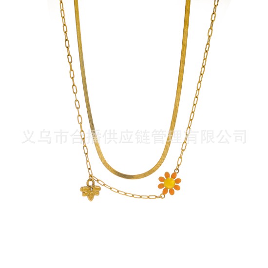 Little Bee Flower Titanium Steel Electroplated Drip Oil Color Necklace
