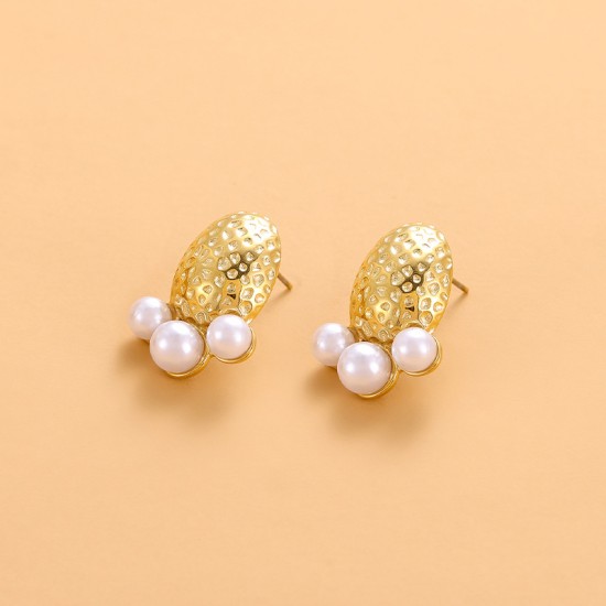 Goose egg oval hammer patterned pearl steel earrings