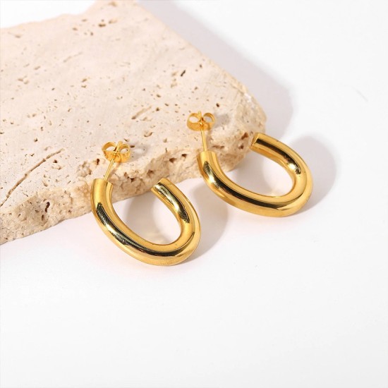 Elliptical C-shaped hollow circular steel earrings