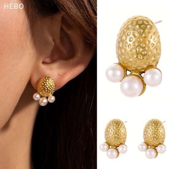 Goose egg oval hammer patterned pearl steel earrings