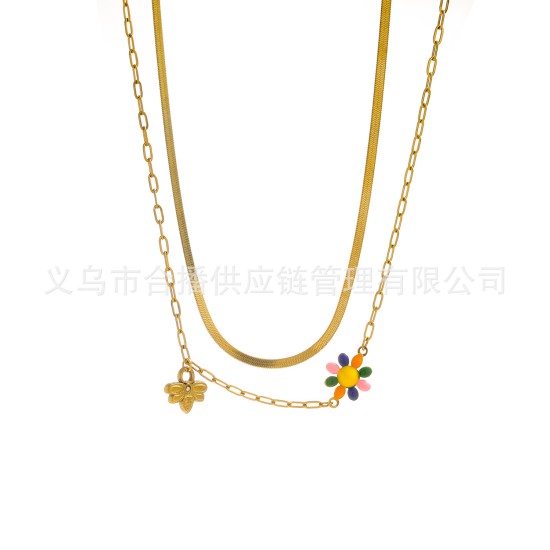 Little Bee Flower Titanium Steel Electroplated Drip Oil Color Necklace