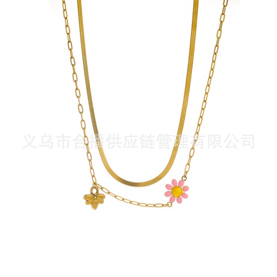 Little Bee Flower Titanium Steel Electroplated Drip Oil Color Necklace