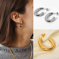 Elliptical C-shaped hollow circular steel earrings