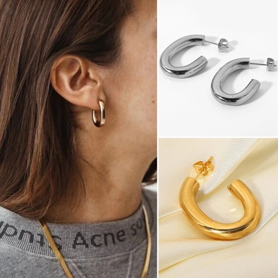 Elliptical C-shaped hollow circular steel earrings