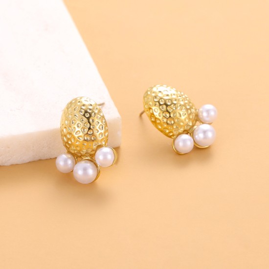 Goose egg oval hammer patterned pearl steel earrings