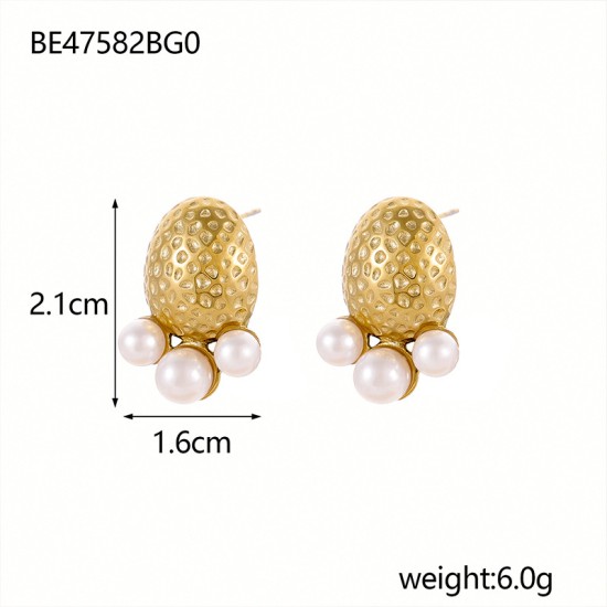 Goose egg oval hammer patterned pearl steel earrings