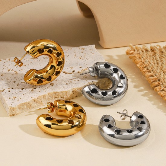 Hollow heart circular ear ring titanium steel C-shaped