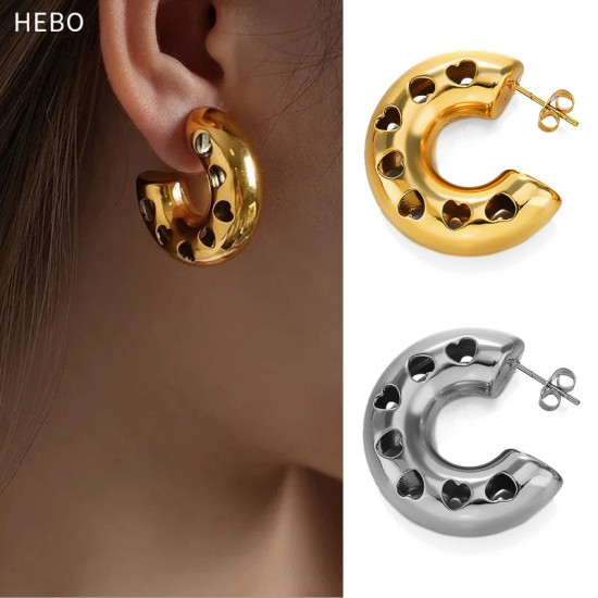 Hollow heart circular ear ring titanium steel C-shaped