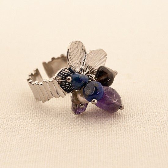 Flower natural stone stainless steel ring