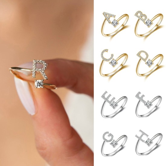 26 English letter inlaid crystal open ring