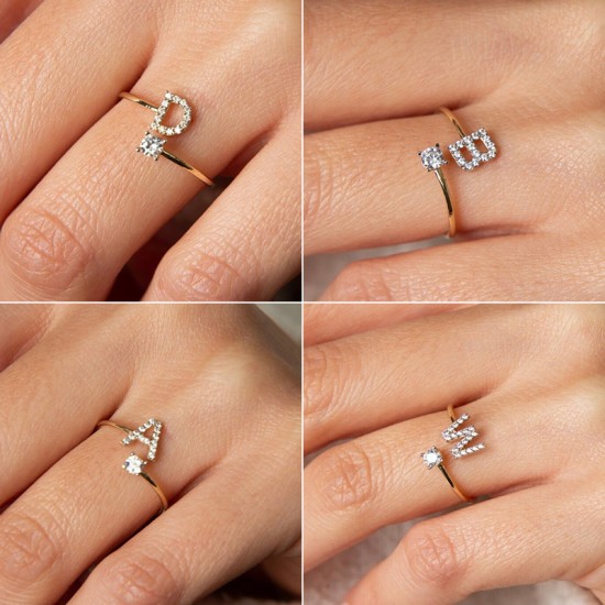 26 English letter inlaid crystal open ring