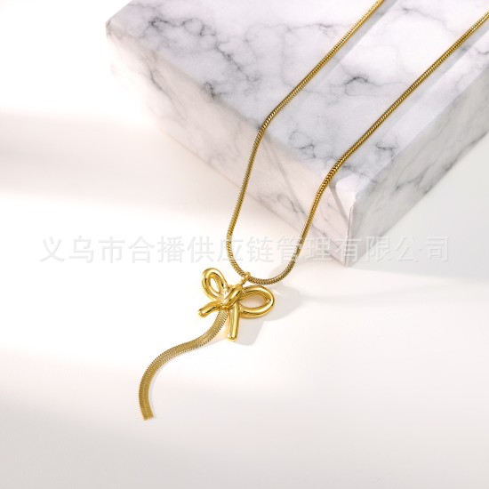 Butterfly knot tassel stainless steel necklace