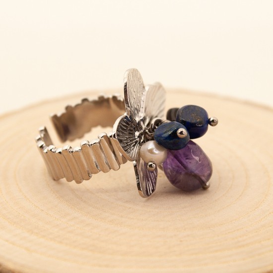 Flower natural stone stainless steel ring