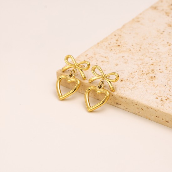 Hollow out heart-shaped bow stainless steel earrings