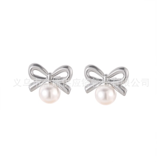Bow shaped pearl stainless steel earrings