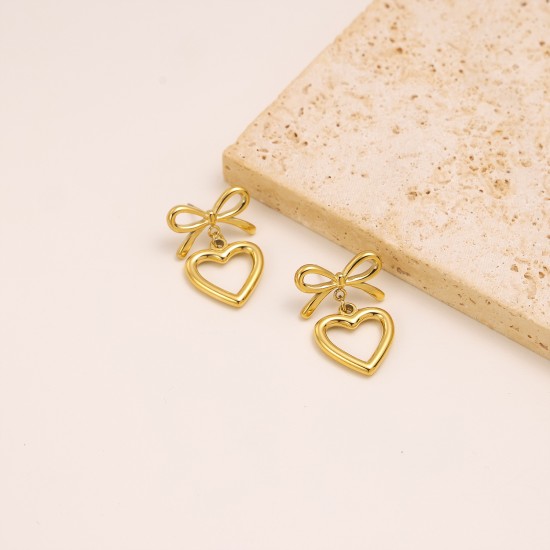 Hollow out heart-shaped bow stainless steel earrings