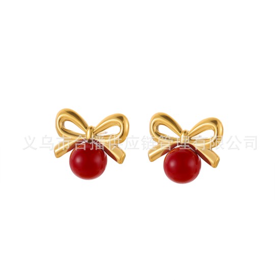 Bow shaped pearl stainless steel earrings