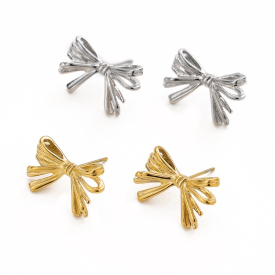 Stainless steel earrings with line pattern bow and tie