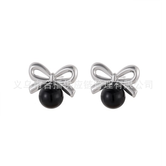Bow shaped pearl stainless steel earrings