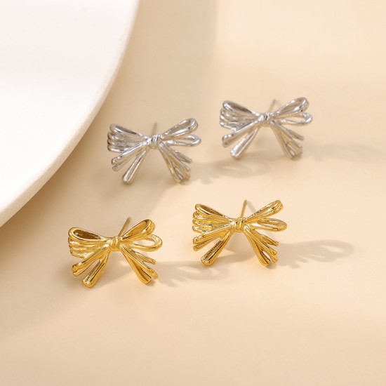 Stainless steel earrings with line pattern bow and tie