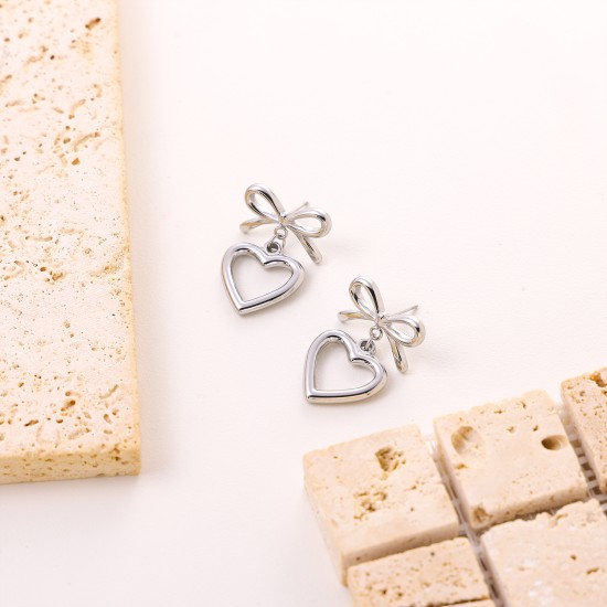 Hollow out heart-shaped bow stainless steel earrings