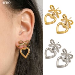 Hollow out heart-shaped bow stainless steel earrings
