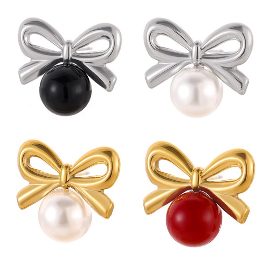 Bow shaped pearl stainless steel earrings
