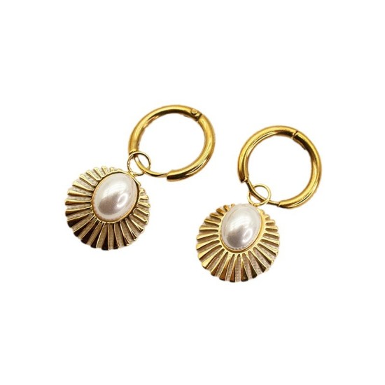 Fan shaped hollow sun shaped pearl stainless steel earrings