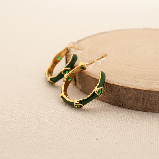 Green heart-shaped crystal oil dripping stainless steel earrings