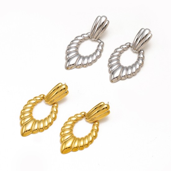 Long peach heart wavy thread stainless steel earrings