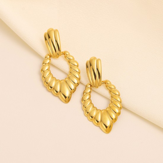 Long peach heart wavy thread stainless steel earrings