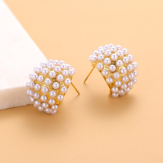 C-shaped full pearl stainless steel earrings