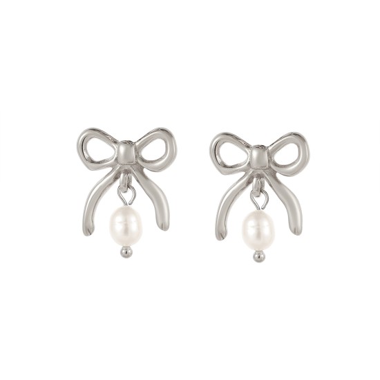 Bow natural pearl stainless steel earrings