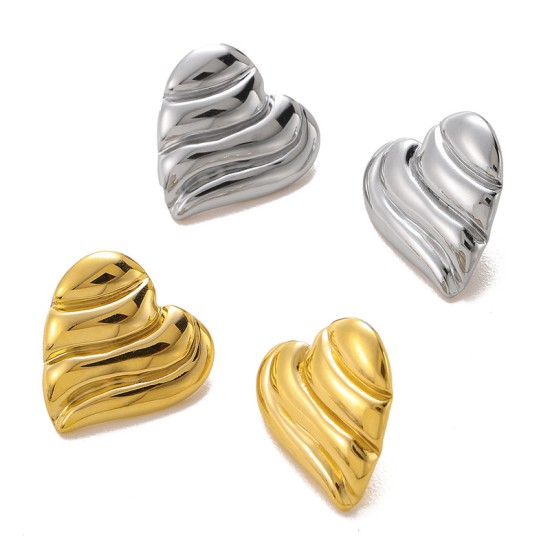 Wave patterned heart-shaped stainless steel earrings