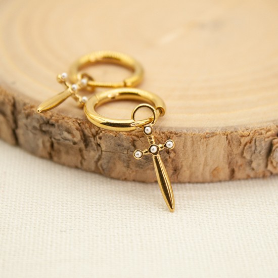 Pearl Cross Stainless Steel Earrings