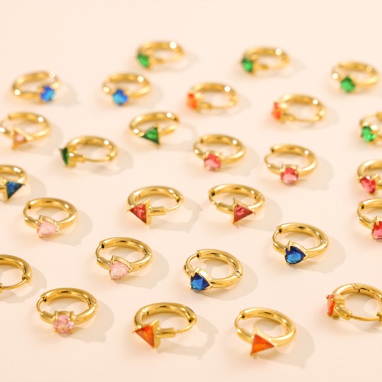 Colorful heart-shaped round triangular zircon stainless steel earrings