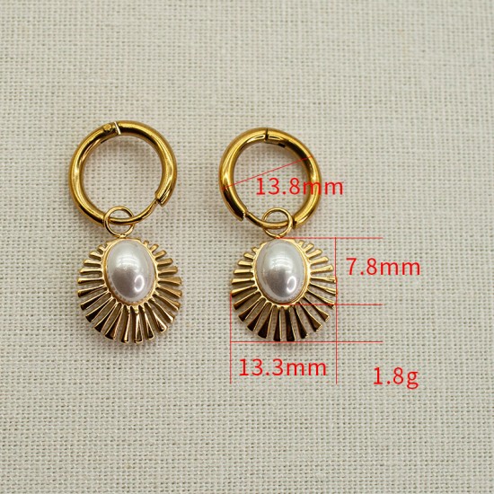 Fan shaped hollow sun shaped pearl stainless steel earrings