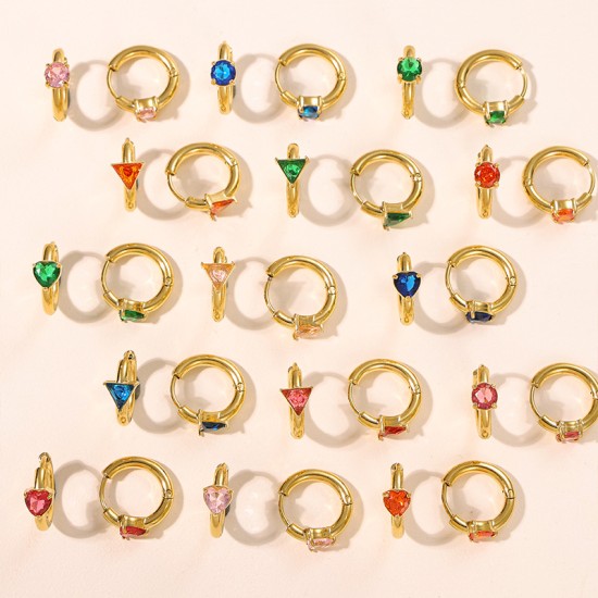 Colorful heart-shaped round triangular zircon stainless steel earrings