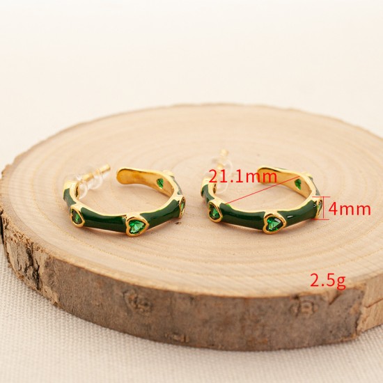 Green heart-shaped crystal oil dripping stainless steel earrings