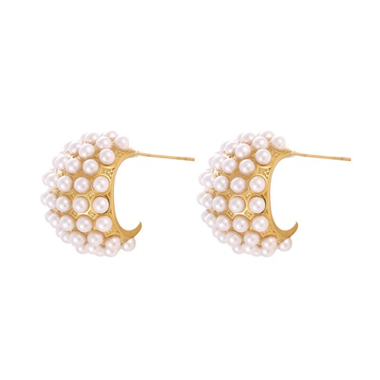 C-shaped full pearl stainless steel earrings