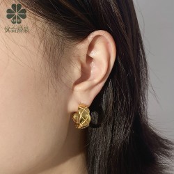 跨境欧美半圆菱格纹理耳环钛钢真空电镀月网格横条牙耳饰不锈钢