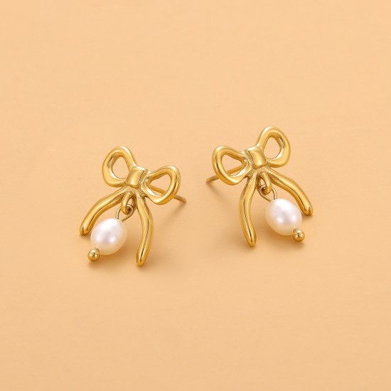 Bow natural pearl stainless steel earrings