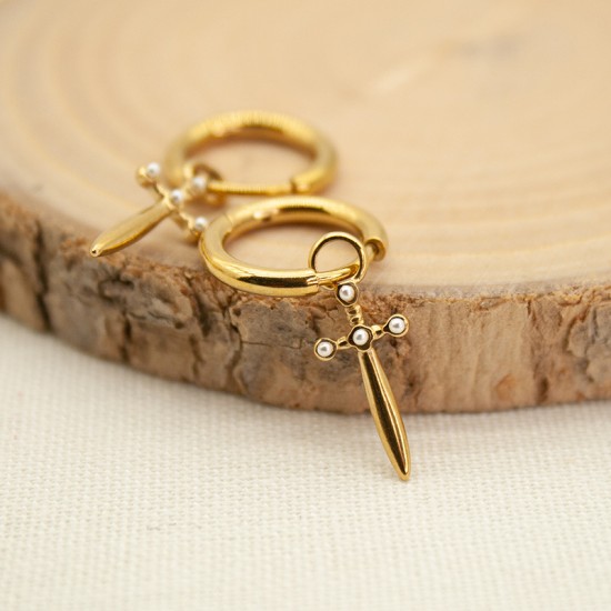 Pearl Cross Stainless Steel Earrings