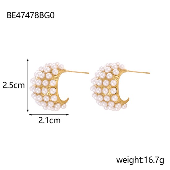C-shaped full pearl stainless steel earrings