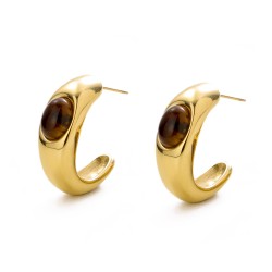 Tiger Eye Stone C-shaped Stainless Steel Earrings