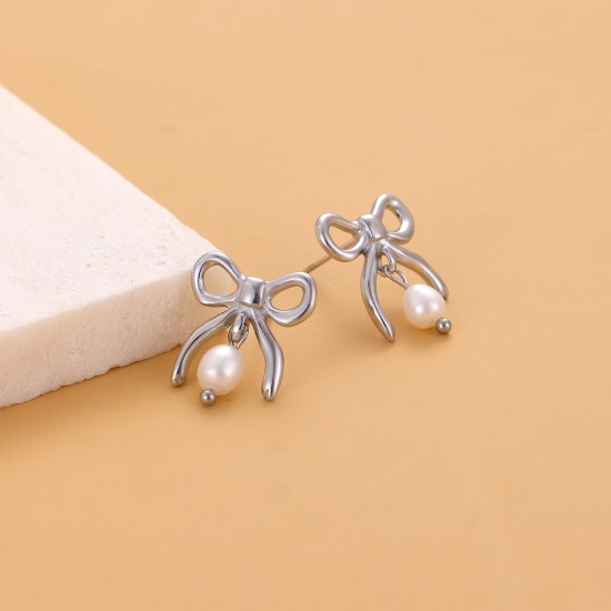 Bow natural pearl stainless steel earrings
