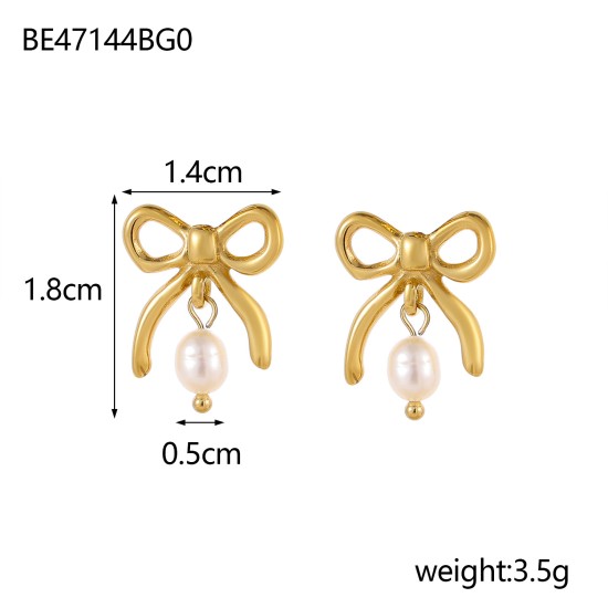 Bow natural pearl stainless steel earrings